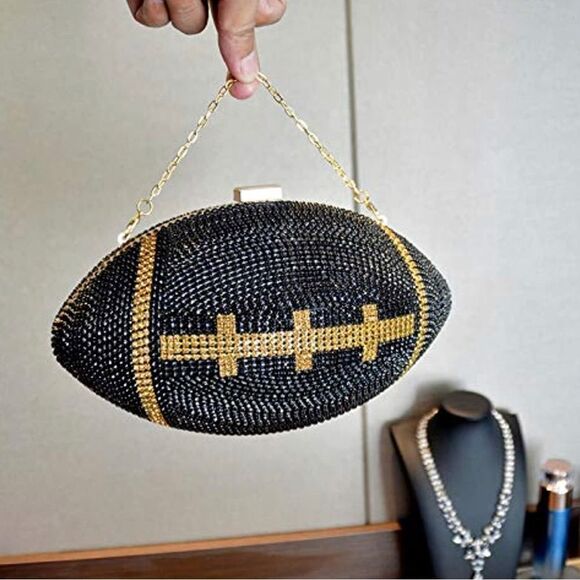Black Football Shaped Purse Rhinestone Crystal Evening Bag Clutch Super Bowl - Picture 4 of 6